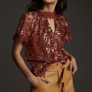 Anthropologie Copper Sequin Embroidered Blouse, Tie Back, Size S